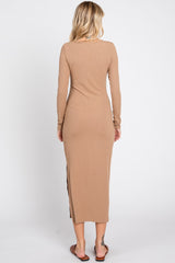 Mocha Ribbed Front Button Long Sleeve Midi Dress