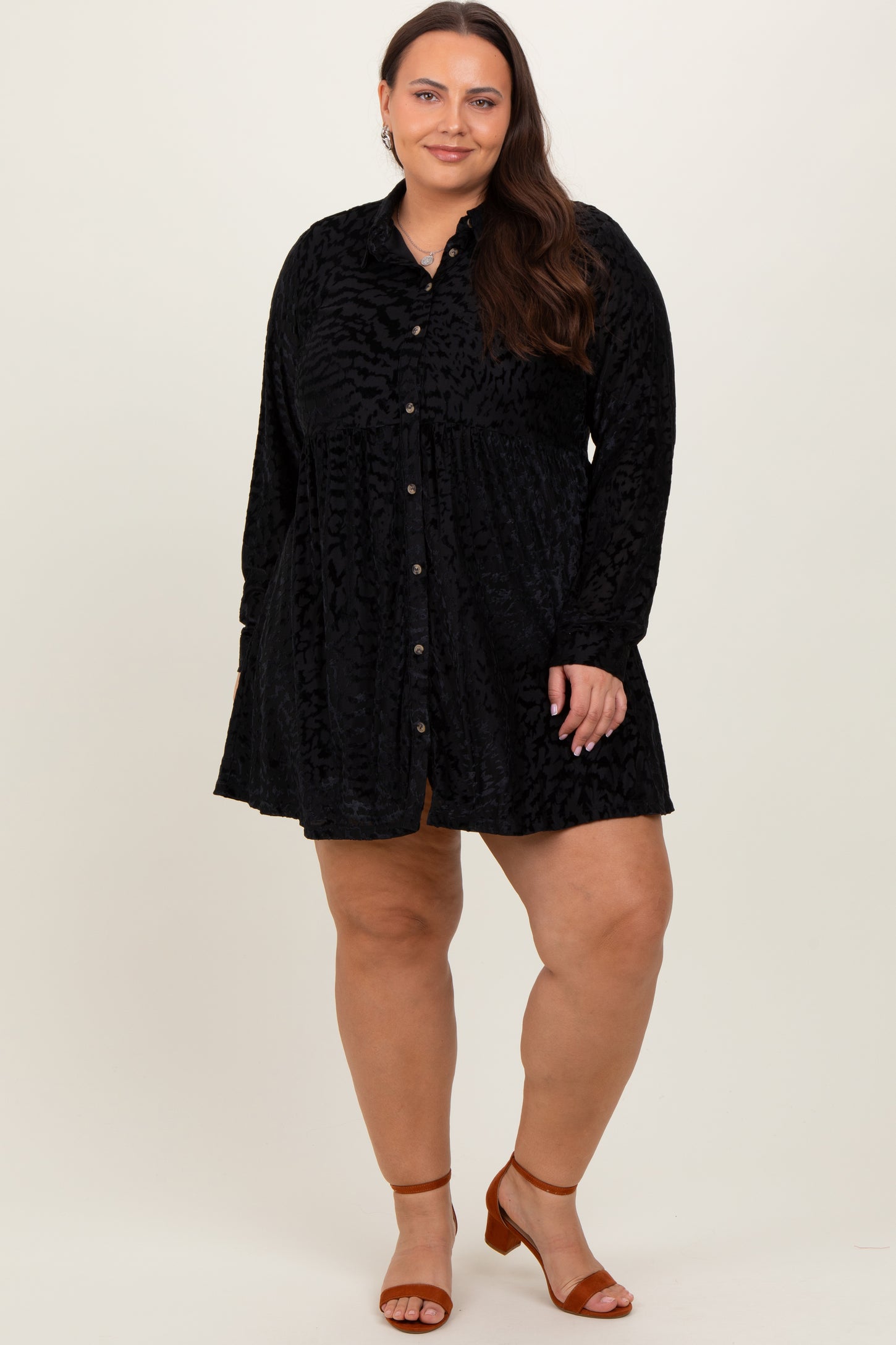 Black Burnout Velvet Plus Button Up Dress PinkBlush Black Burnout Velvet Plus Button Up Dress PinkBlush