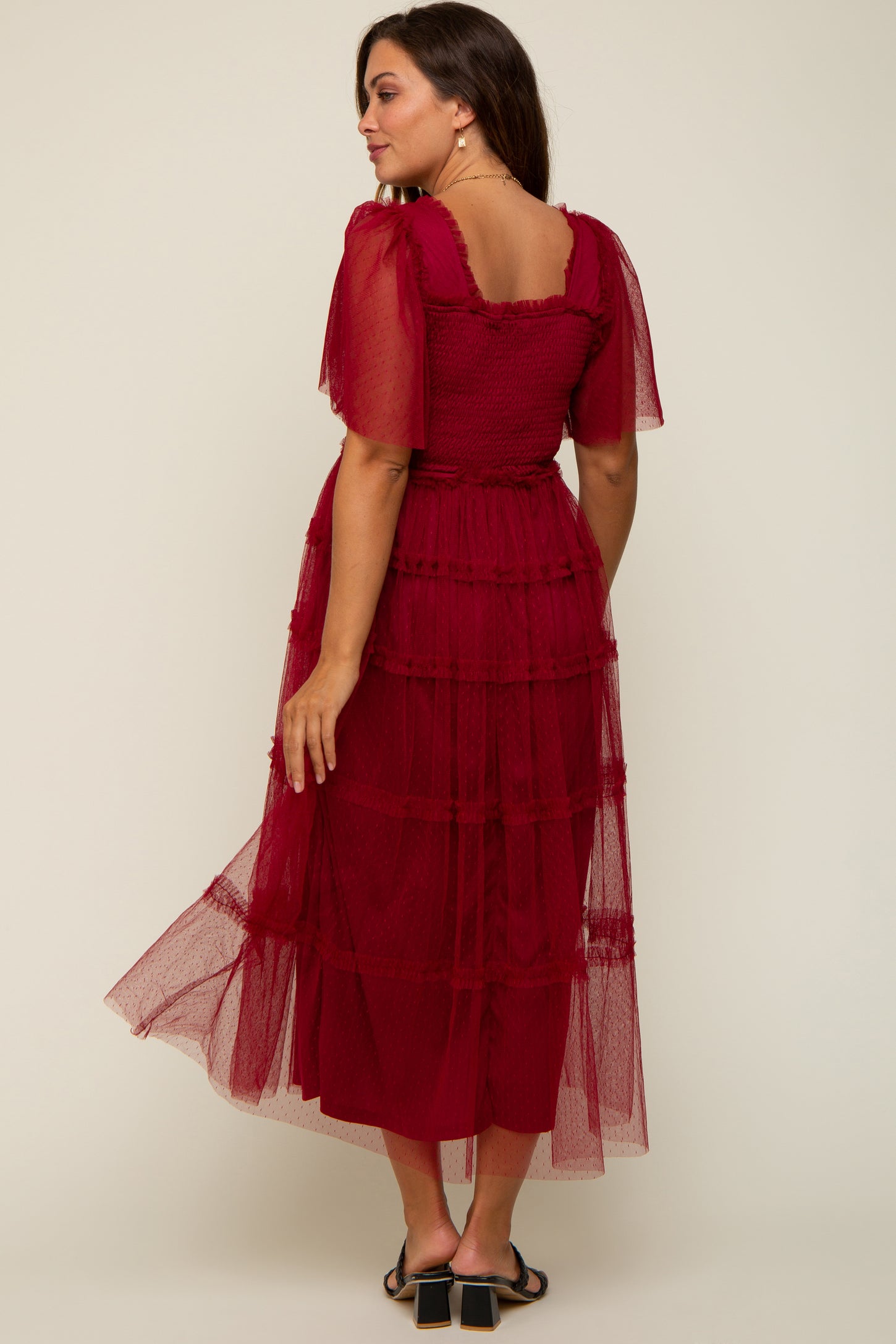 Burgundy Ruffled Mesh Maternity Maxi Dress Burgundy Ruffled Mesh Maternity Maxi Dress