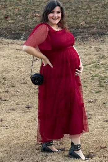 Burgundy Ruffled Mesh Maternity Maxi Dress Burgundy Ruffled Mesh Maternity Maxi Dress