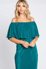 Forest Green Pleated Rib Off Shoulder Dress