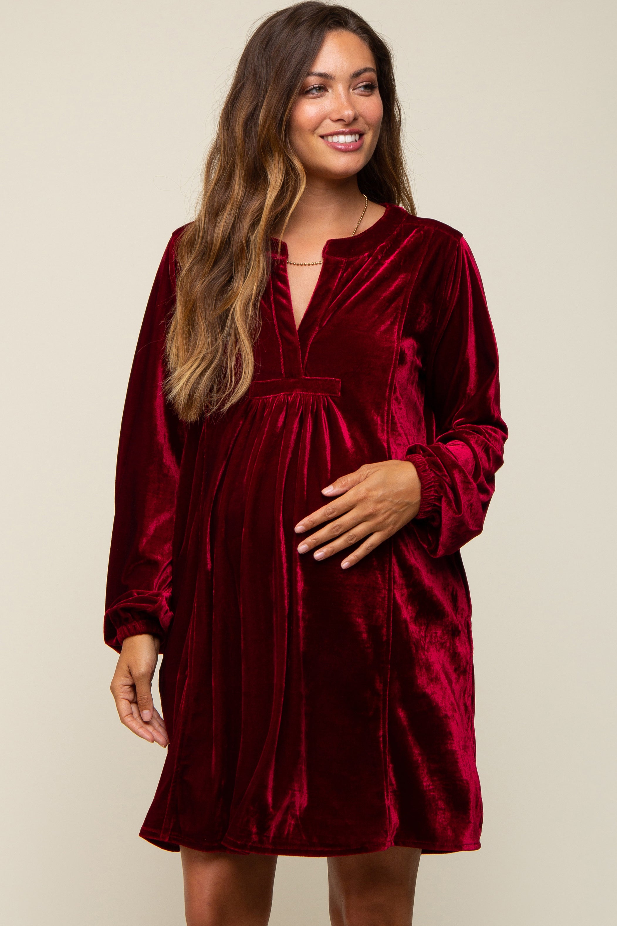 Burgundy V-Neck Velvet Maternity Dress – PinkBlush