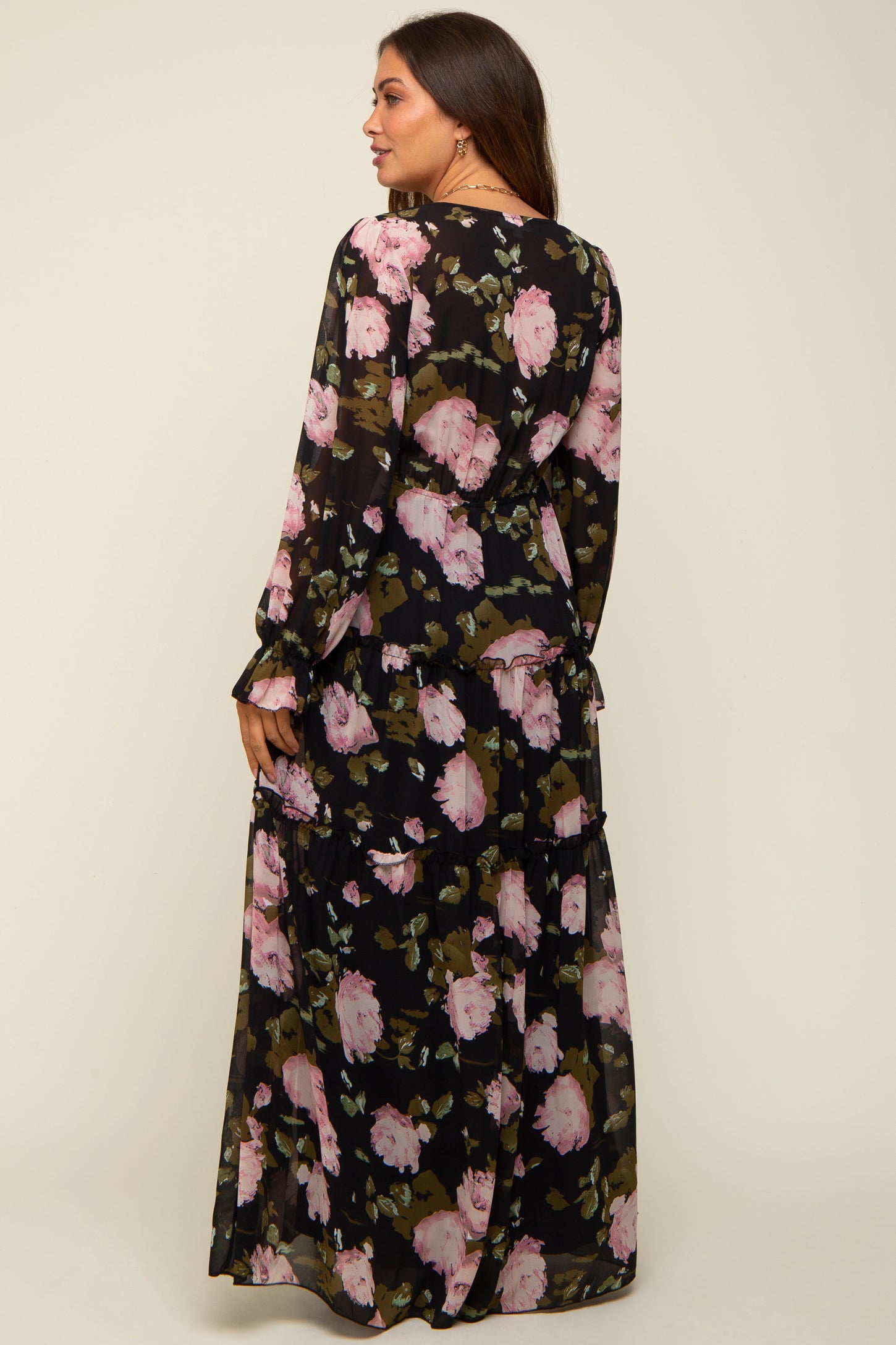 Black Floral Chiffon V-Neck Lettuce Edge Tiered Maternity Maxi Dress