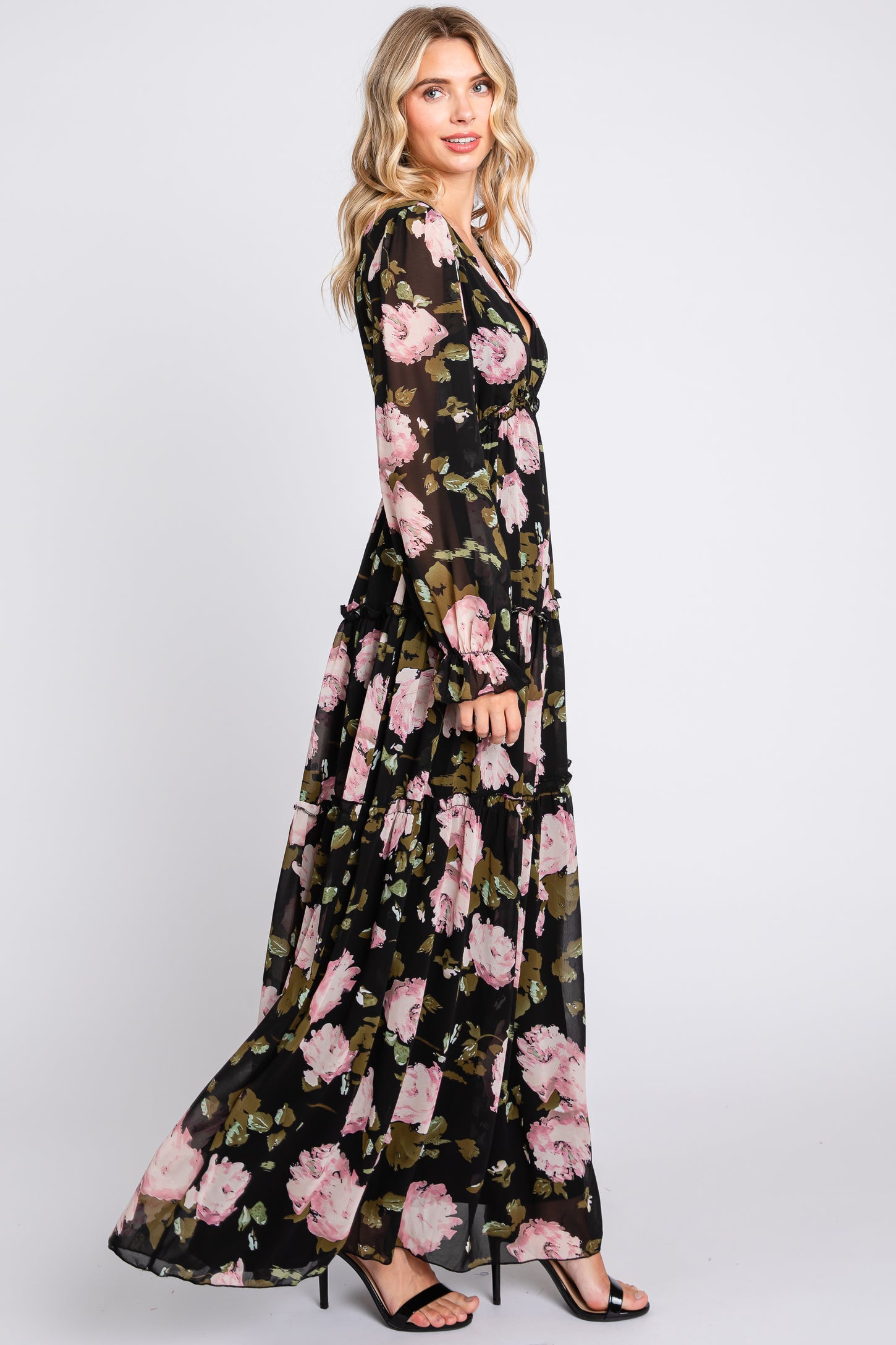 Black Floral Chiffon V-Neck Lettuce Edge Tiered Maxi Dress PinkBlush Black Floral Chiffon V-Neck Lettuce Edge Tiered Maxi Dress PinkBlush