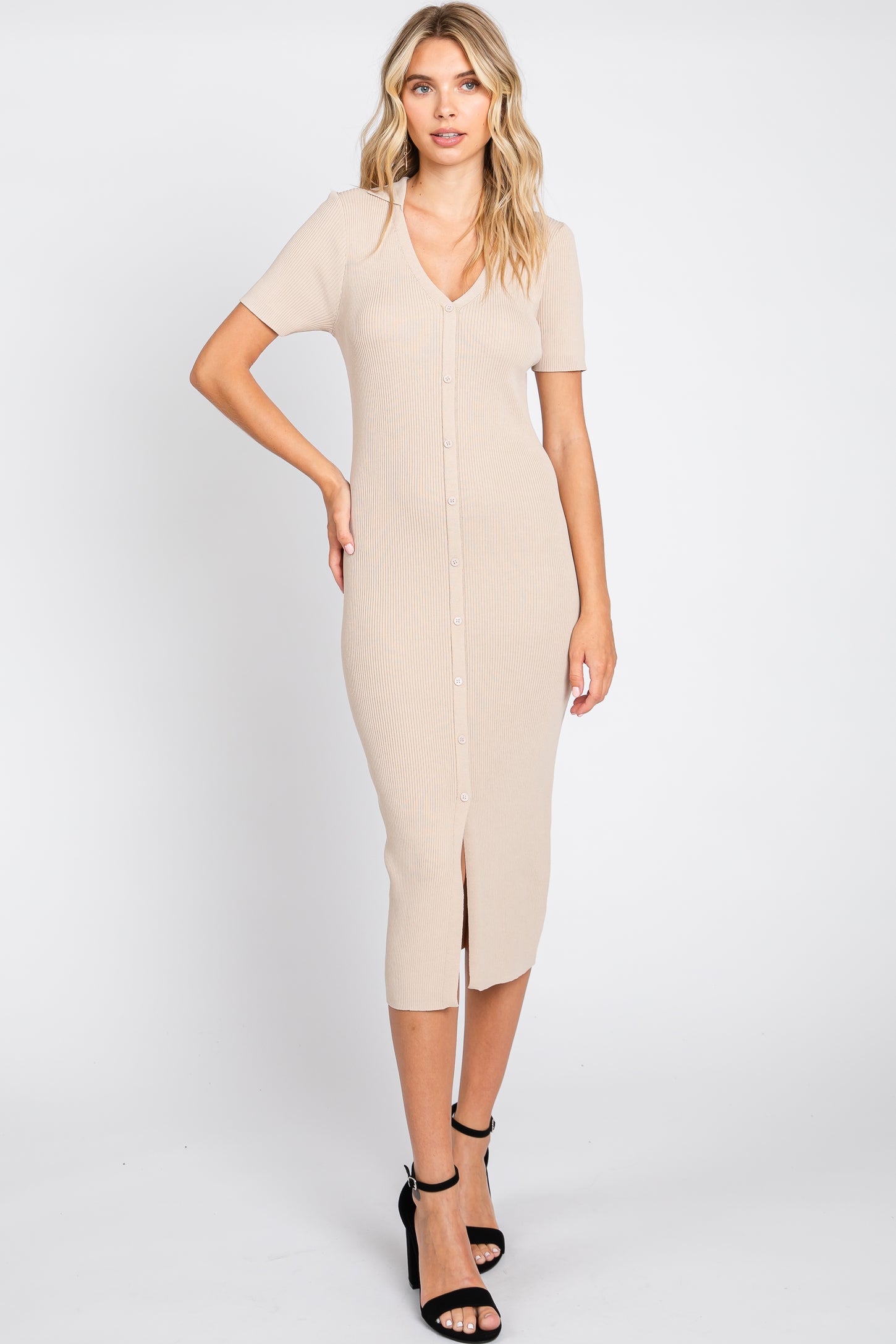 button front ribbed midi dress Snap Button Ribbed Midi Dress