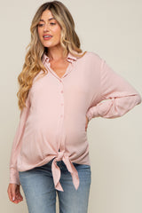 Pink Collared Button Down Knotted Maternity Shirt