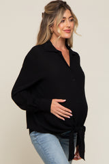 Black Collared Button Down Knotted Maternity Shirt