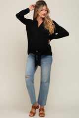 Black Collared Button Down Knotted Maternity Shirt