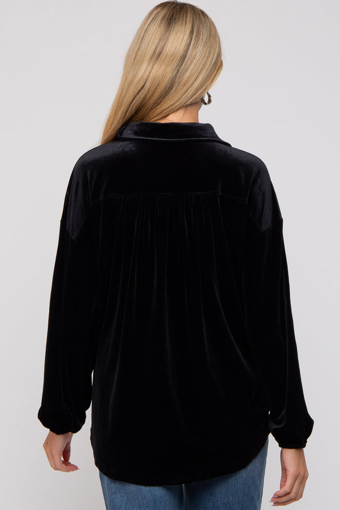 Black Velvet Button Front Collared Maternity Blouse