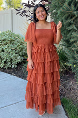 Camel Tulle Smocked Square Neck Tiered Midi Dress