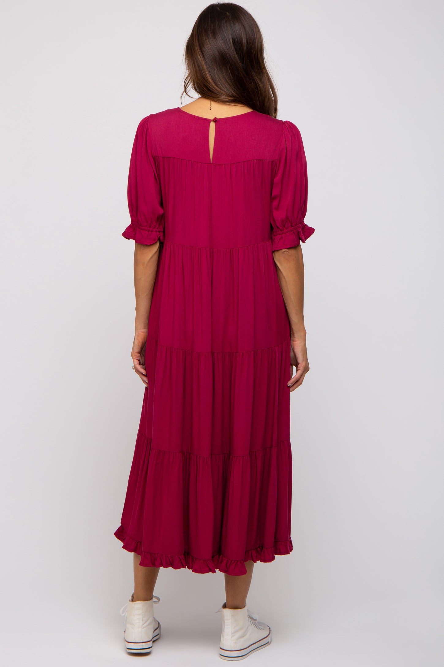 Red Tiered Ruffle Hem Maternity Midi Dress