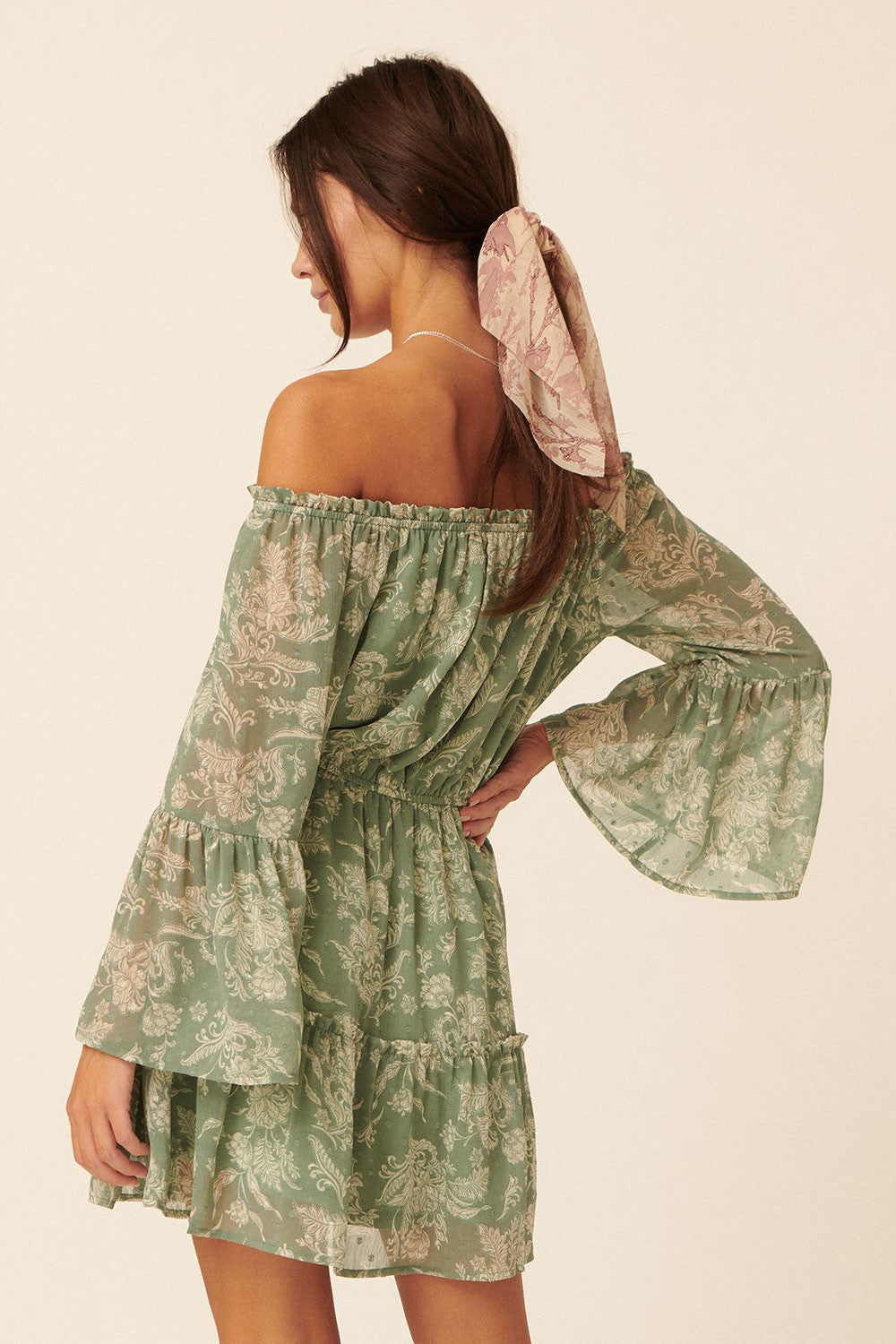 Green Floral Swiss Dot Chiffon Tier Mini Peasant Dress Small Green Floral Swiss Dot Chiffon Tier Mini Peasant Dress Small