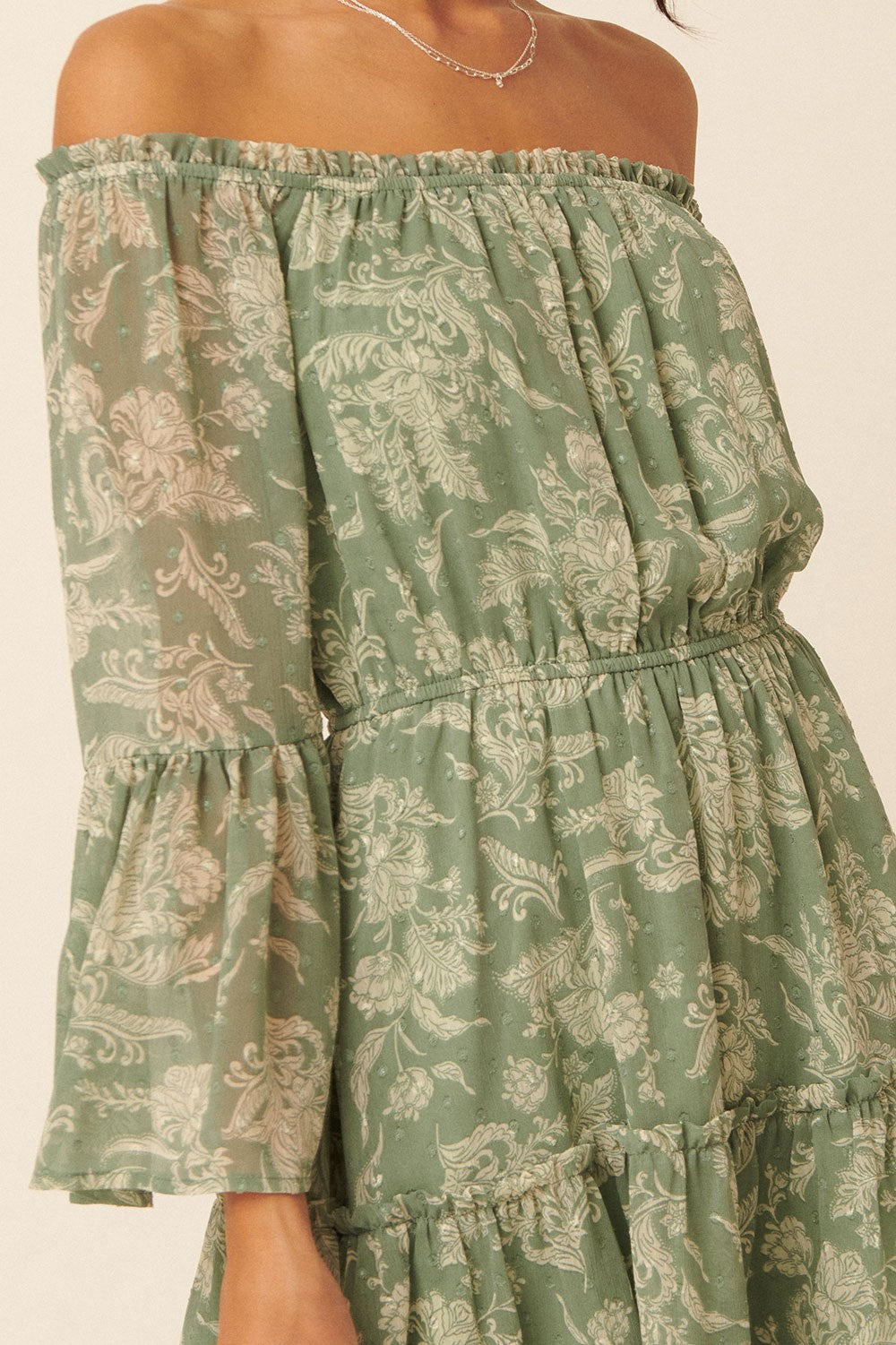 Green Floral Swiss Dot Chiffon Tier Mini Peasant Dress
