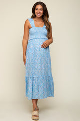 Light Blue Floral Sleeveless Smocked Ruffle Maternity Midi Dress