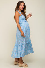 Light Blue Floral Sleeveless Smocked Ruffle Maternity Midi Dress