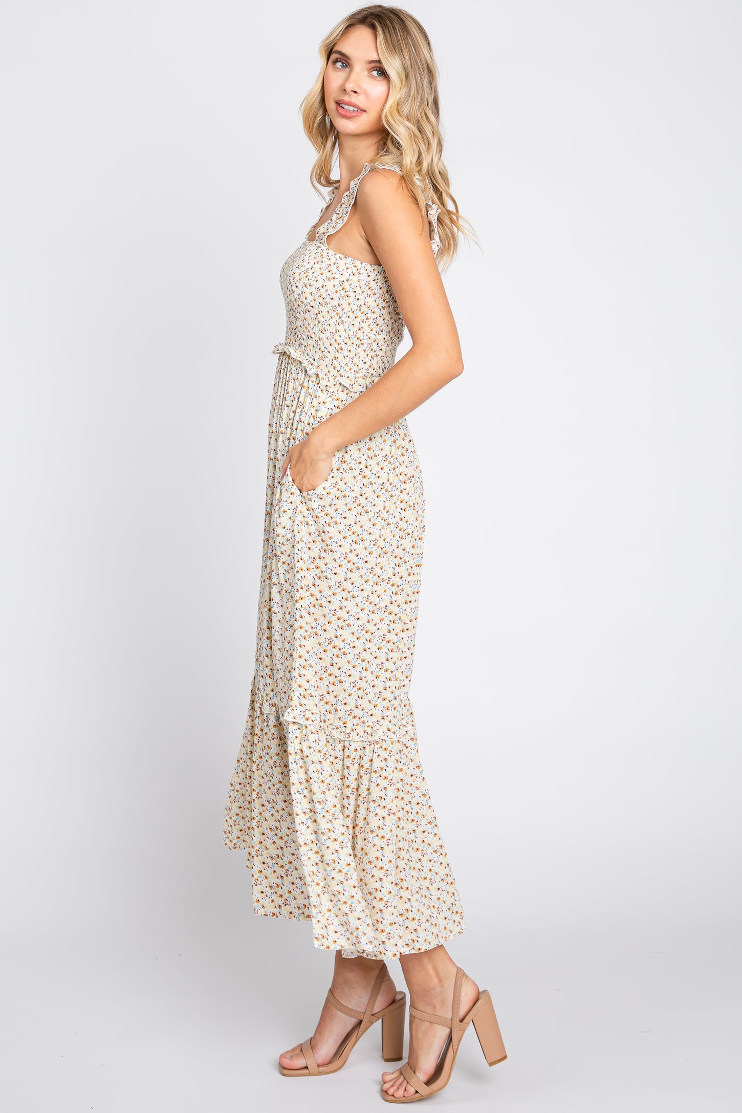 Cream Floral Sleeveless Smocked Ruffle Midi Dress PinkBlush Cream Floral Sleeveless Smocked Ruffle Midi Dress PinkBlush
