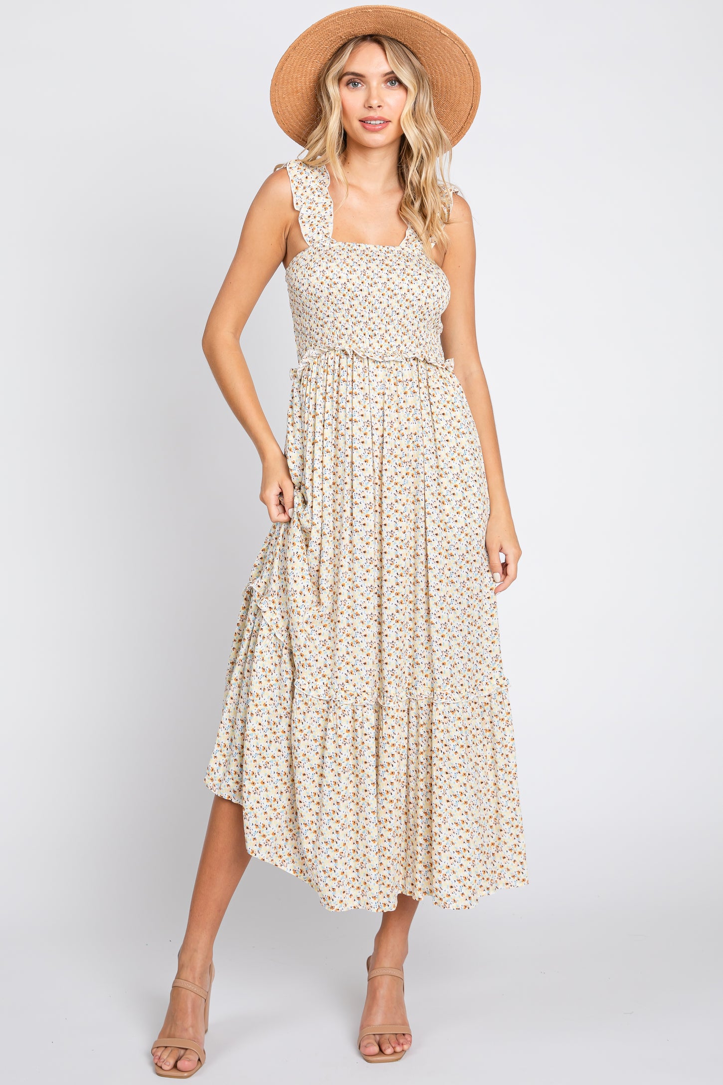 sleeveless smocked ruffle midi dress Sleeveless Smocked-Waist Ruffled Midi Dress