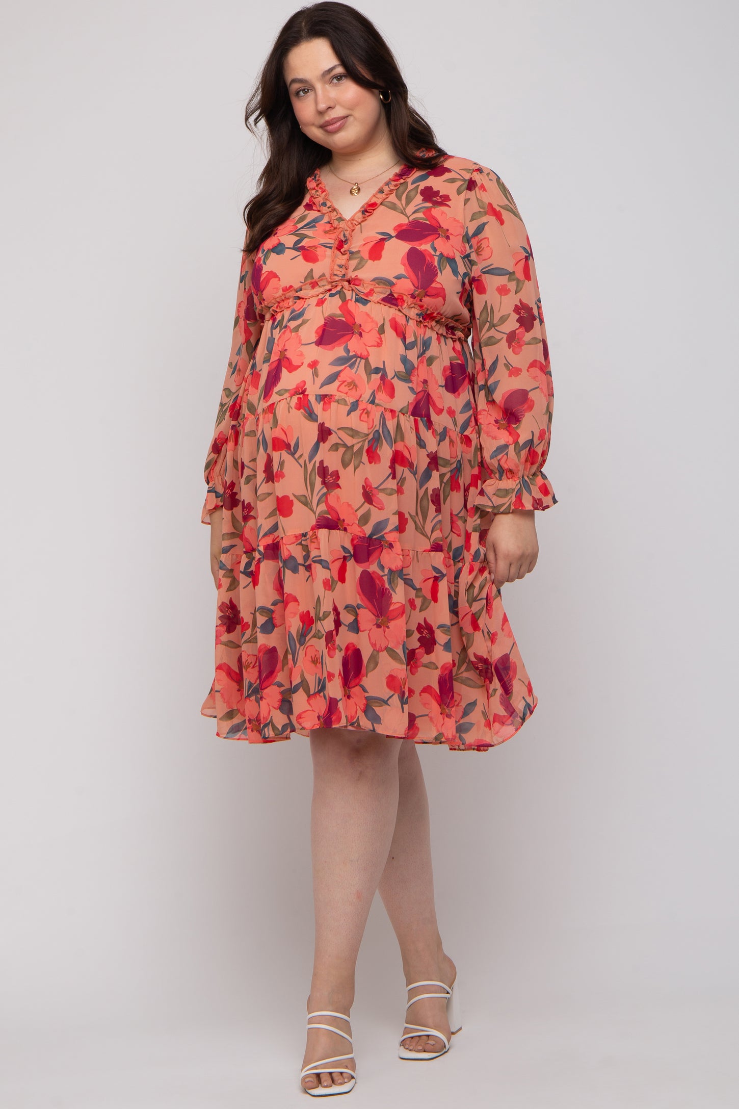 Mauve Floral Ruffle V-Neck Maternity Plus Dress