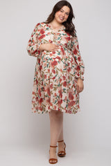Ivory Floral Ruffle V-Neck Maternity Plus Dress