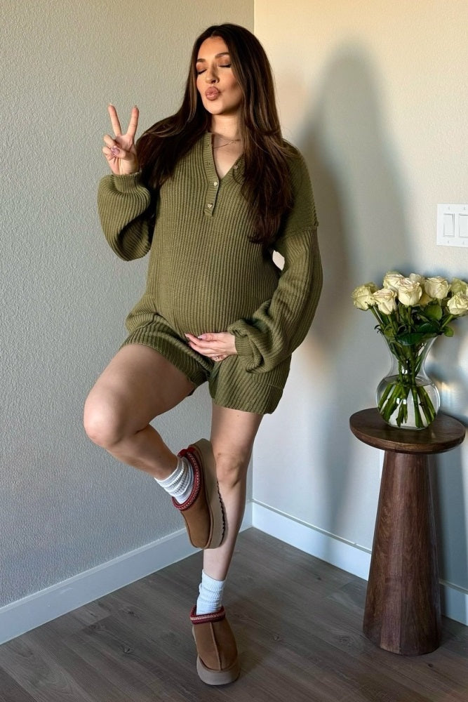 Olive Button Up Maternity Sweater Romper