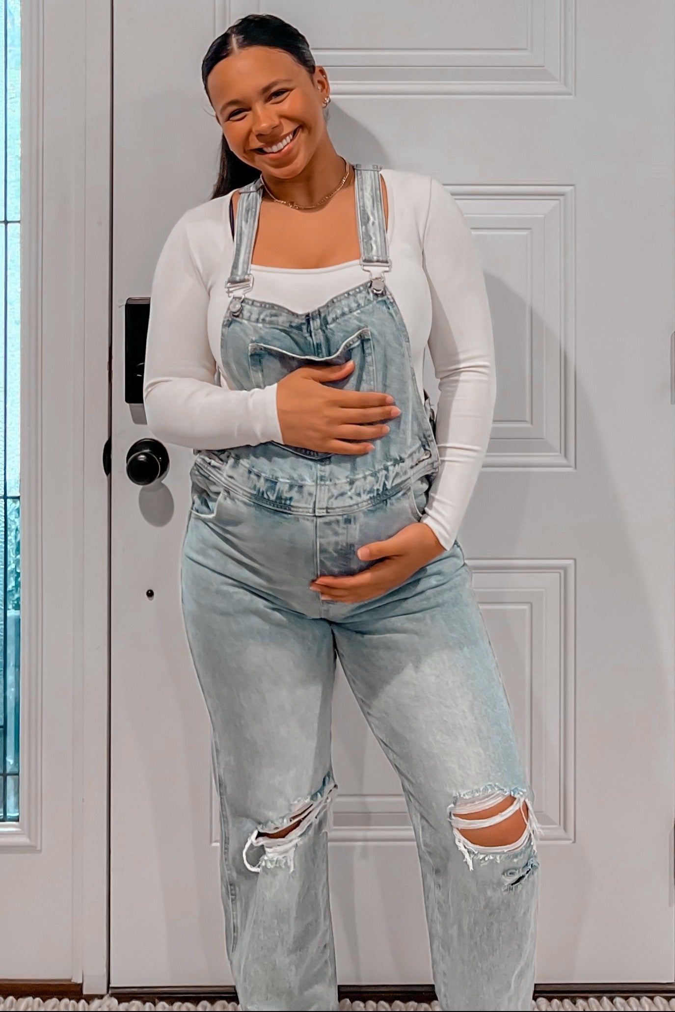 Light Wash Distressed Maternity Overalls