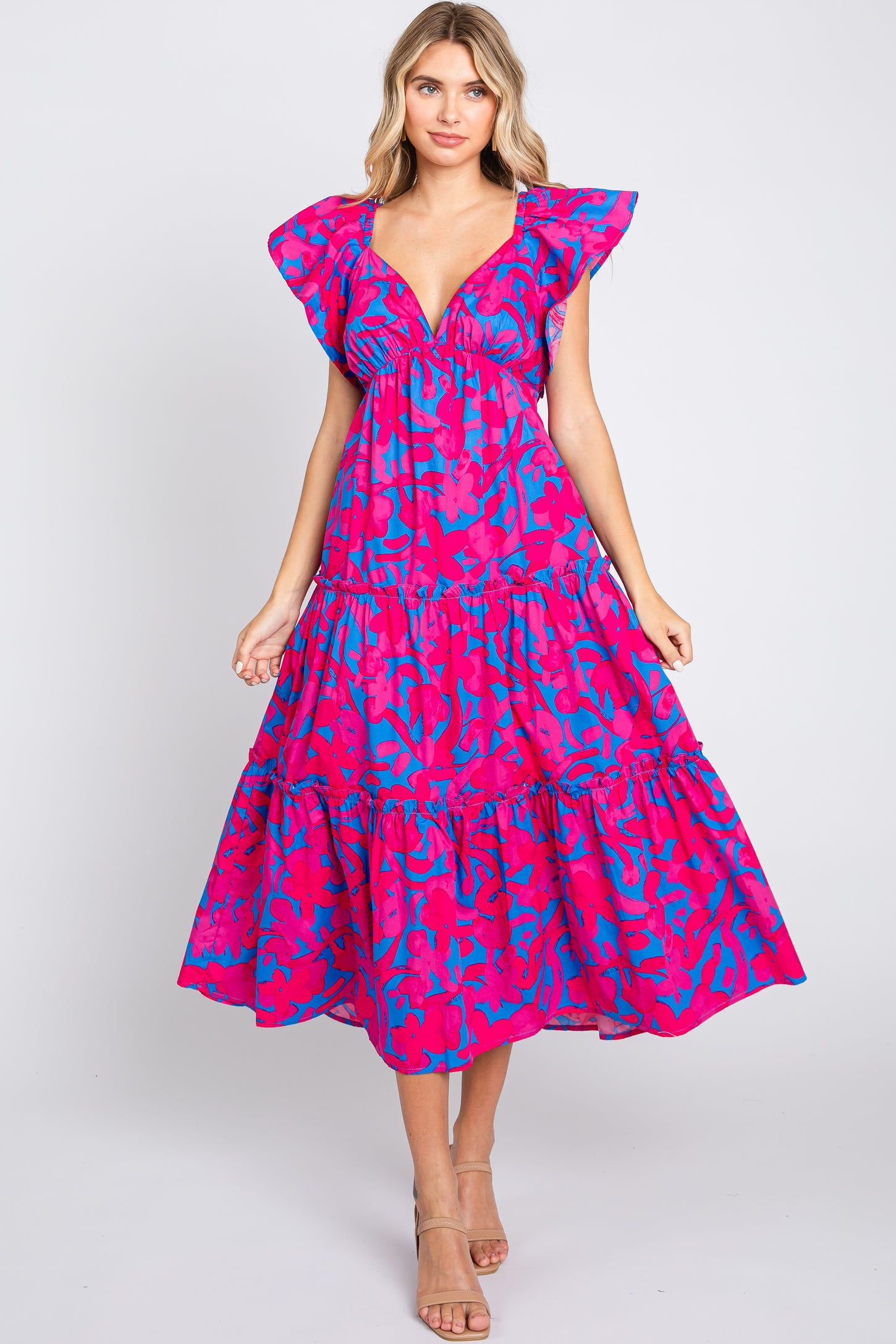 Pink Flutter Sleeve Open Lace Up Back Tiered Midi Dress PinkBlush Pink Flutter Sleeve Open Lace Up Back Tiered Midi Dress PinkBlush