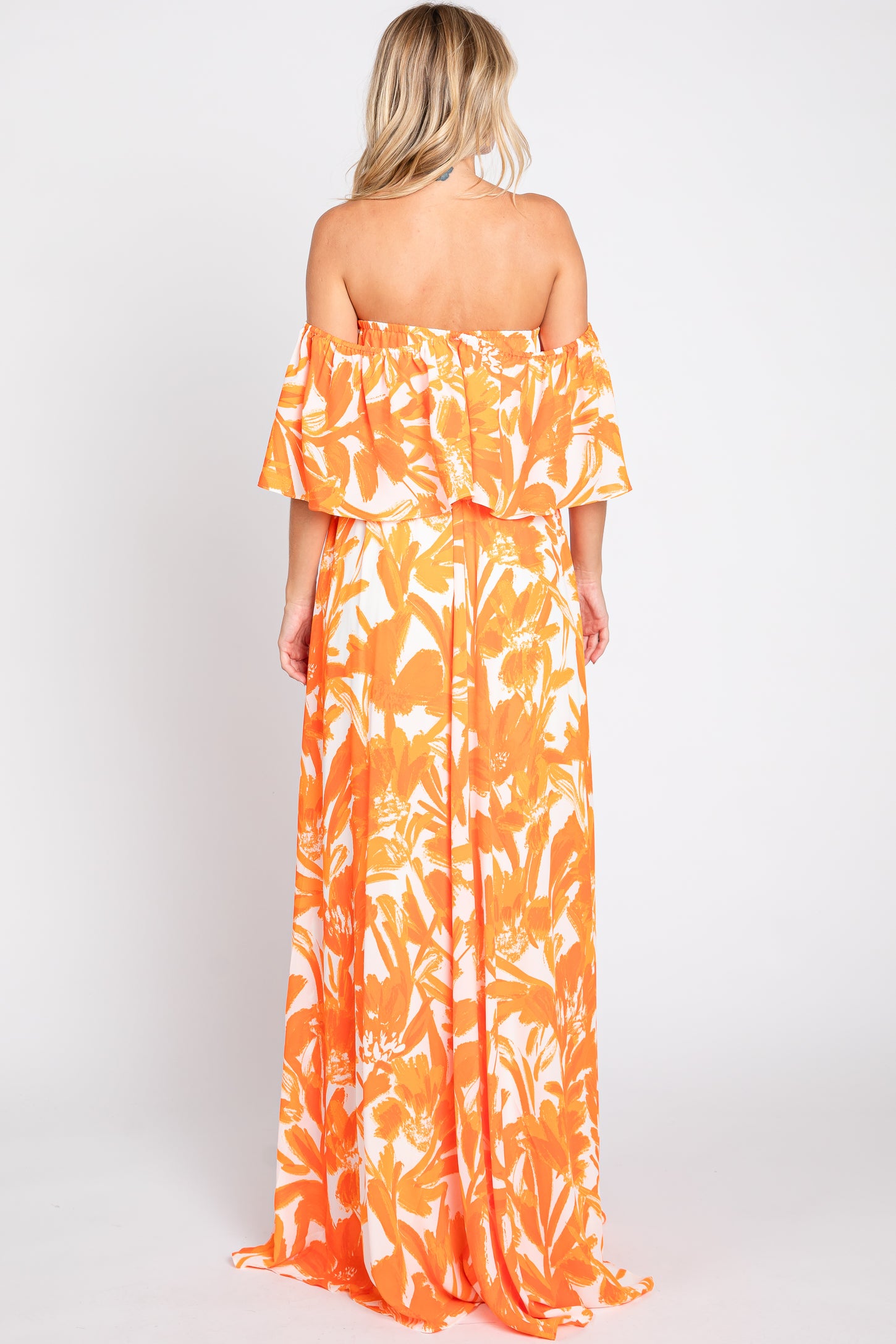 Orange Floral Off Shoulder Flounce Maxi Dress