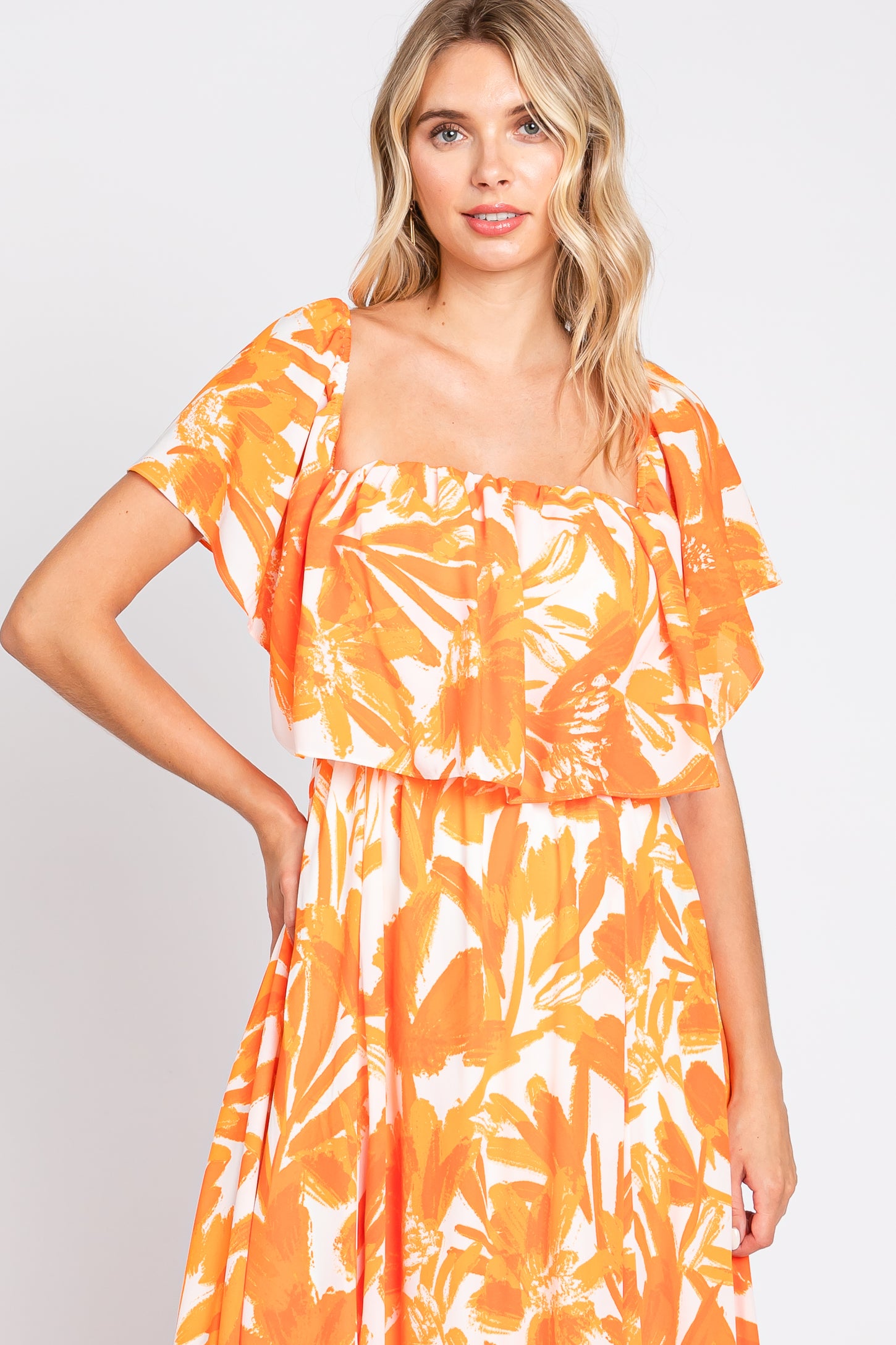orange floral off the shoulder dress Orange Floral Off Shoulder Flounce Maxi Dress PinkBlush