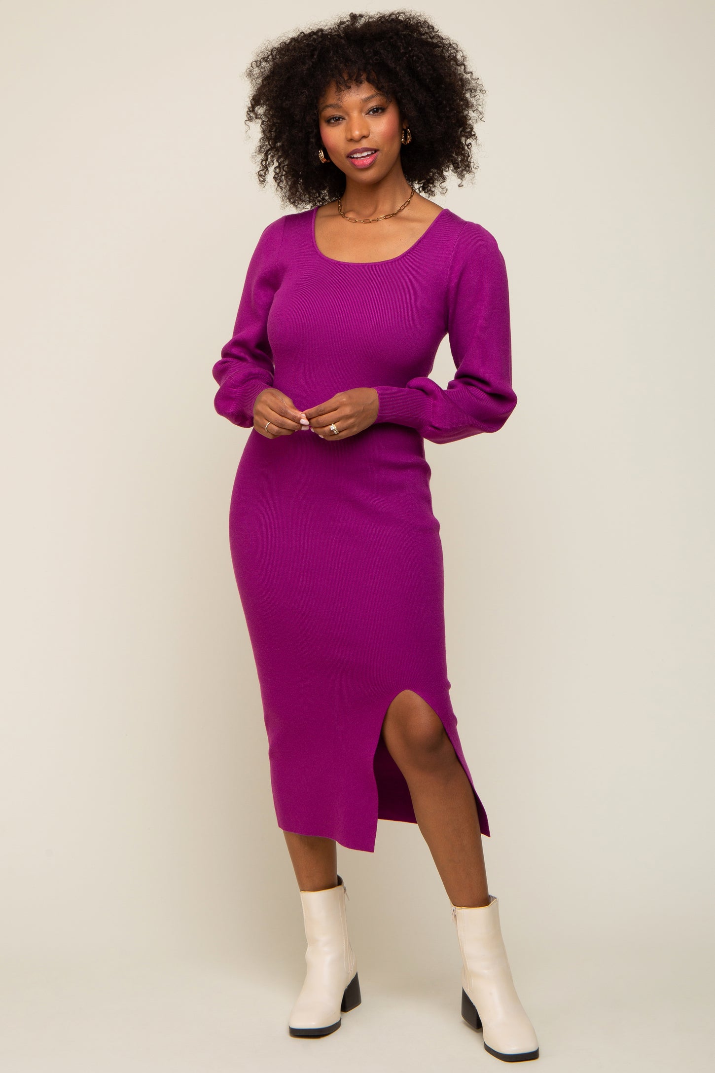 Purple Side Slit Sweater Knit Midi Dress