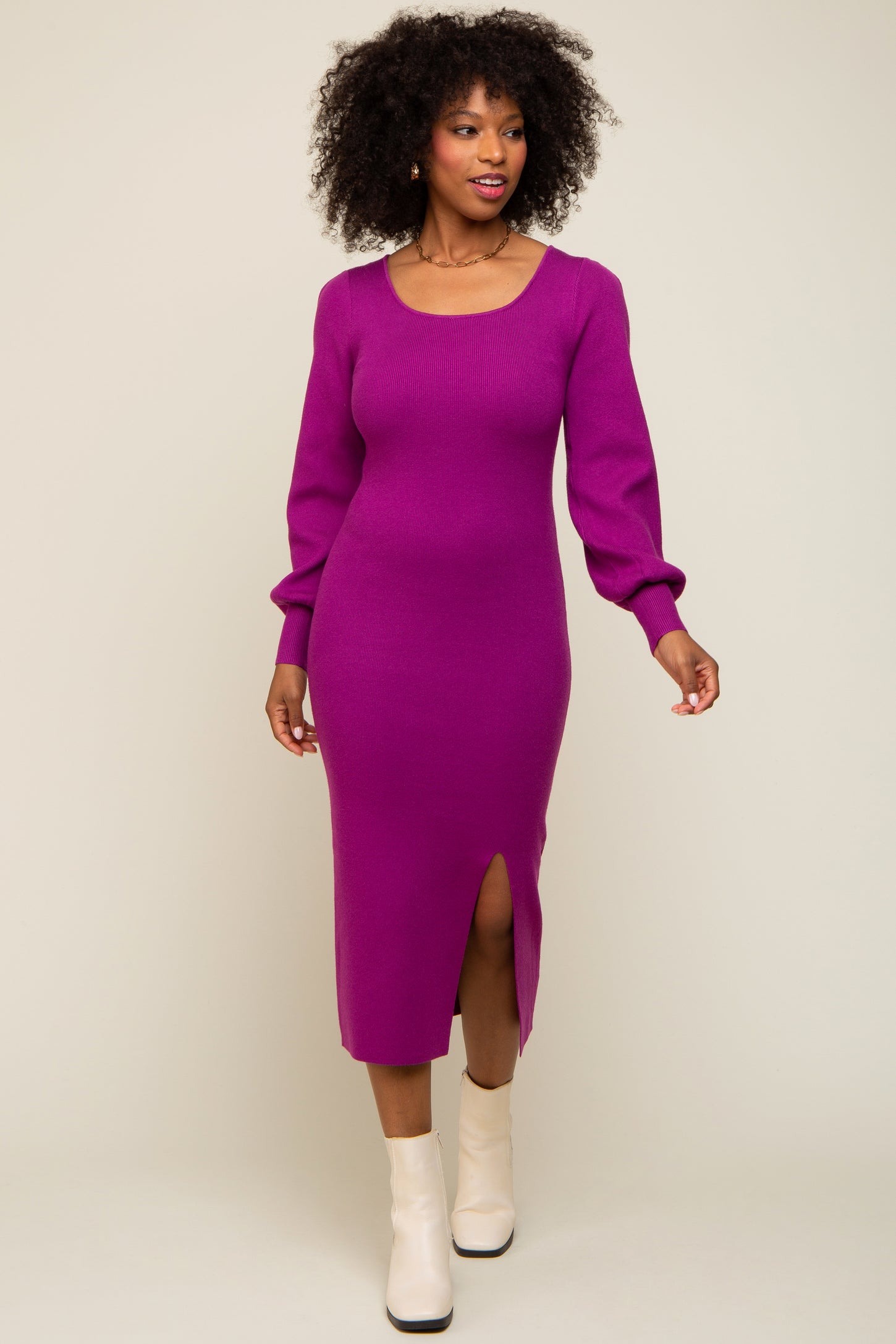 Purple Side Slit Sweater Knit Midi Dress PinkBlush Purple Side Slit Sweater Knit Midi Dress PinkBlush