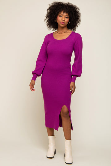 Purple Side Slit Sweater Knit Midi Dress