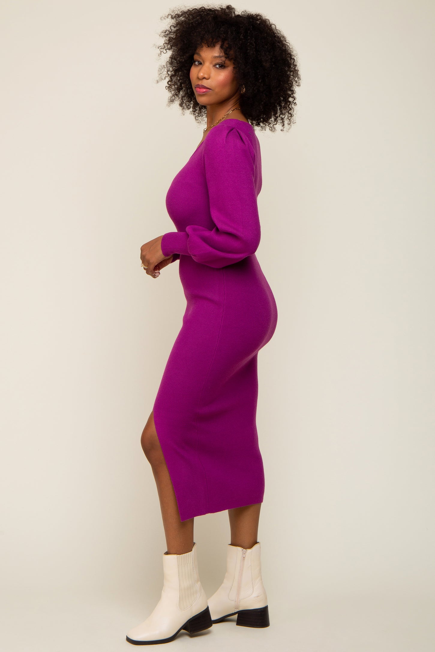 purple knit midi dress Purple Side Slit Sweater Knit Midi Dress PinkBlush