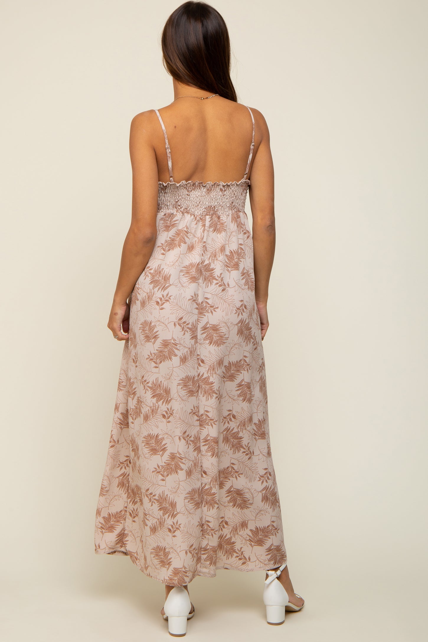 Mocha Leaf Print Front Tie Maternity Maxi Dress