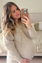 Beige Hooded Maternity Sweater Midi Dress