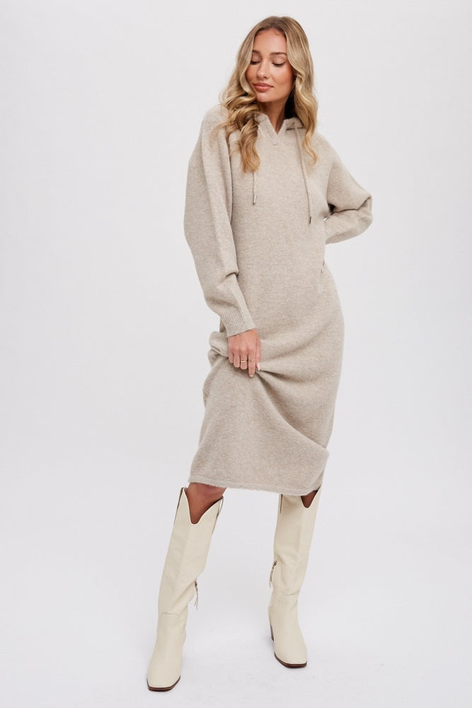 Beige Hooded Sweater Midi Dress Beige Hooded Sweater Midi Dress