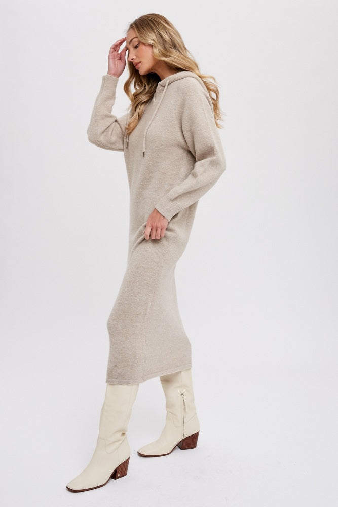 Beige Hooded Sweater Midi Dress Beige Hooded Sweater Midi Dress