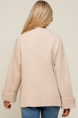 Beige Mock Neck Chunky Knit Maternity Sweater
