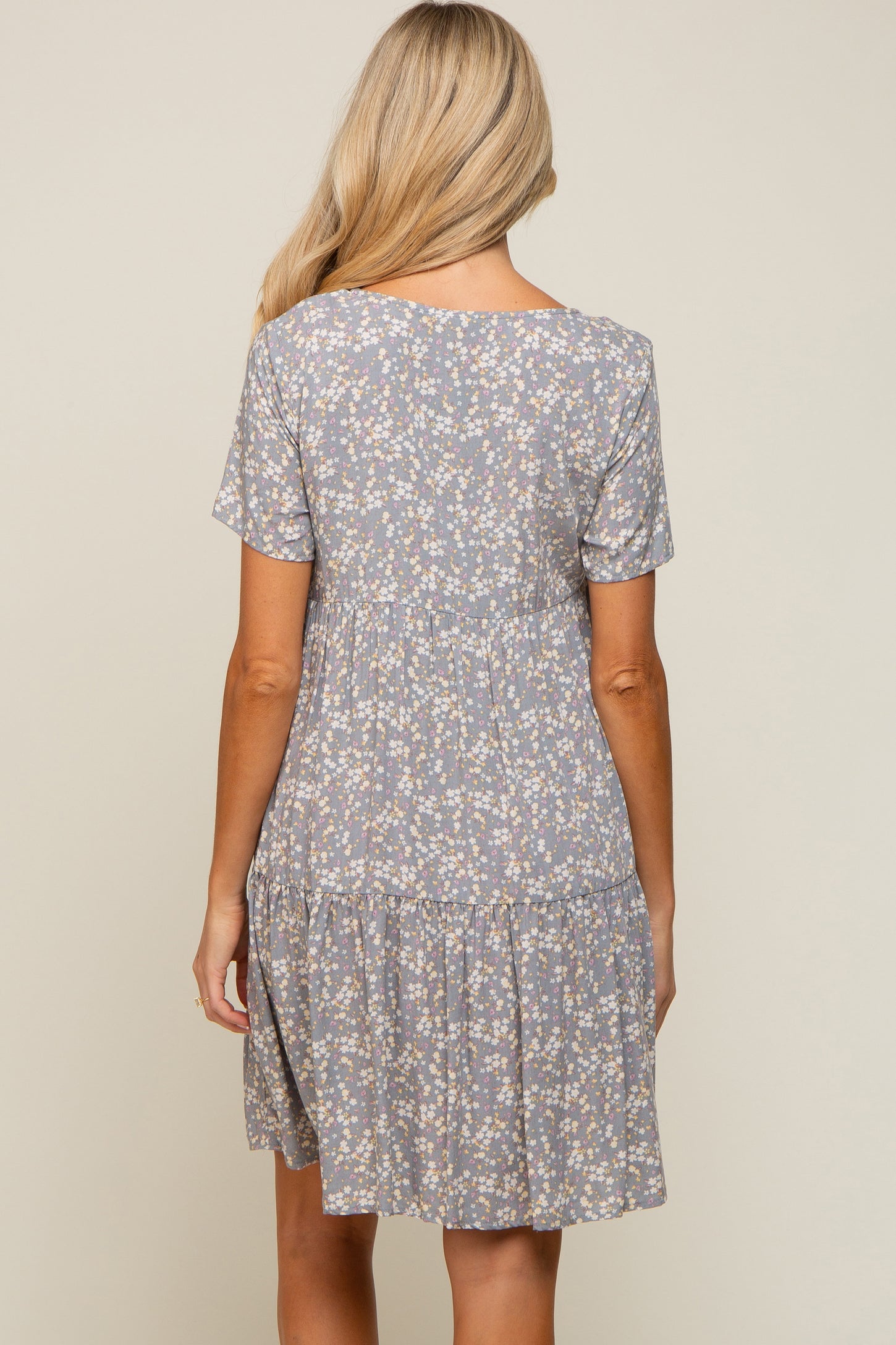 Grey Floral Tiered Button Accent Maternity Dress