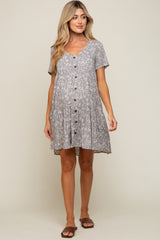 Grey Floral Tiered Button Accent Maternity Dress