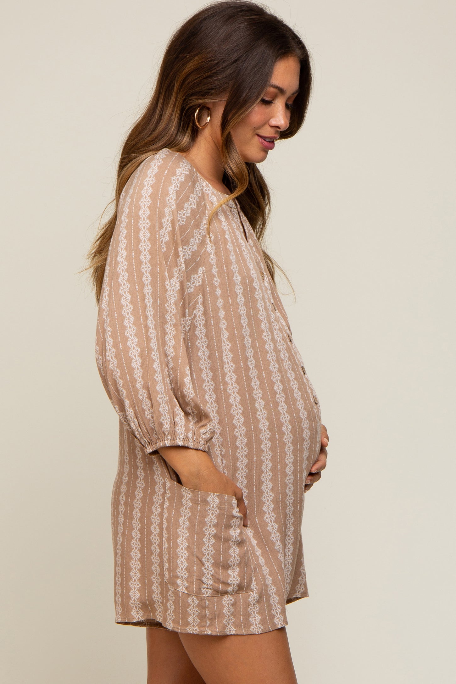 Light Mocha Printed Front Button Maternity Romper