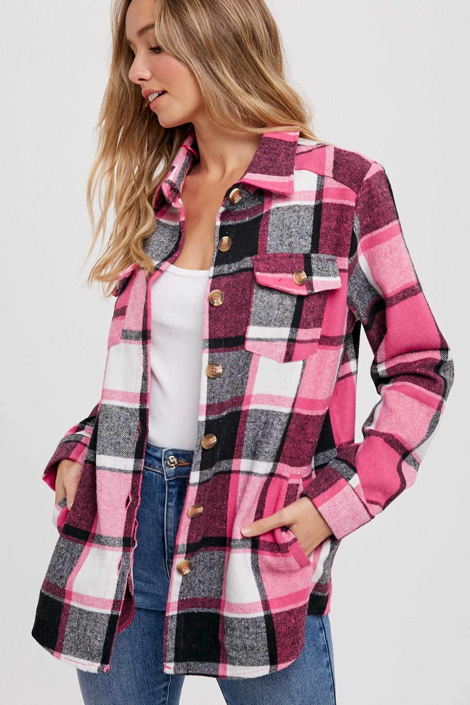 Pink Plaid Shirt Jacket