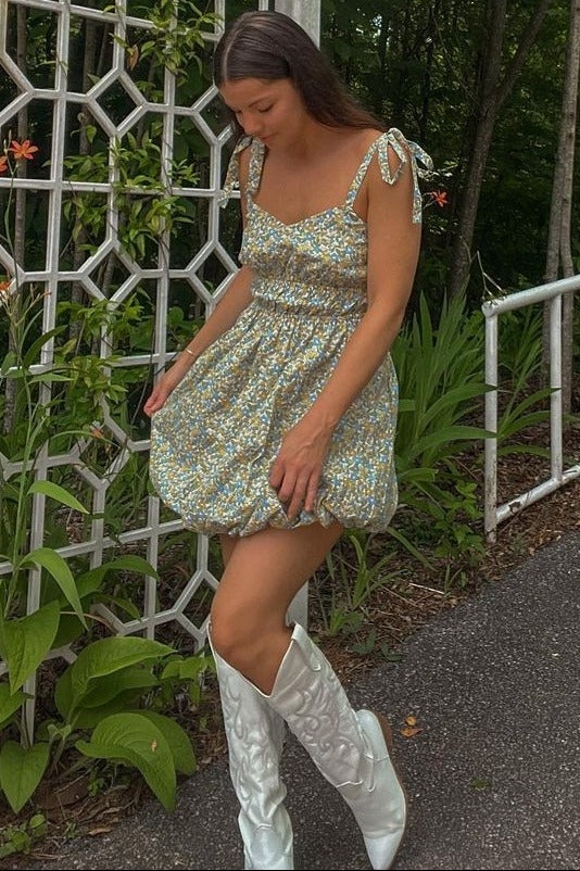 Dusty Blue Floral Bubble Hem Mini Dress