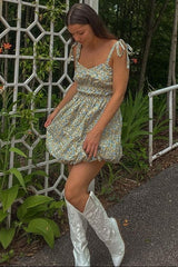 Dusty Blue Floral Bubble Hem Mini Dress