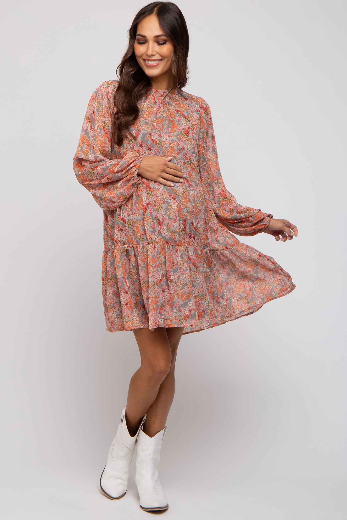 Grey Floral Chiffon Ruffle Mock Neck Tiered Maternity Dress PinkBlush Grey Floral Chiffon Ruffle Mock Neck Tiered Maternity Dress PinkBlush