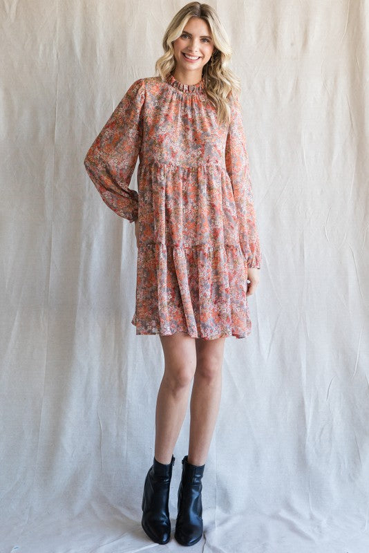 Grey Floral Chiffon Ruffle Mock Neck Tiered Dress PinkBlush Grey Floral Chiffon Ruffle Mock Neck Tiered Dress PinkBlush