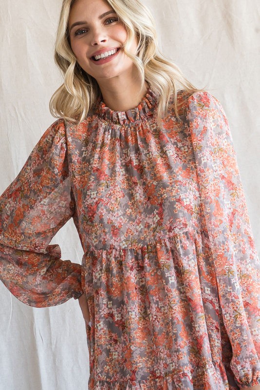 Grey Floral Chiffon Ruffle Mock Neck Tiered Dress PinkBlush Grey Floral Chiffon Ruffle Mock Neck Tiered Dress PinkBlush