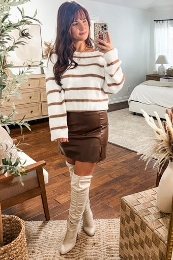 Mocha Striped Boat Neck Sweater