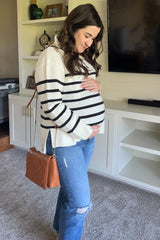 Ivory Striped Half Zip Maternity Sweater