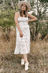 White Floral Sleeveless Back Smocking Slit Maxi Dress