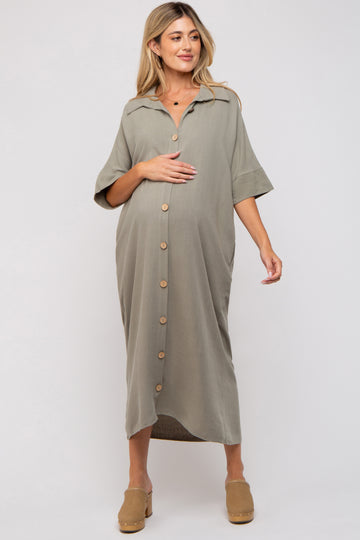 Olive Oversized Button Down Maternity Midi Dress